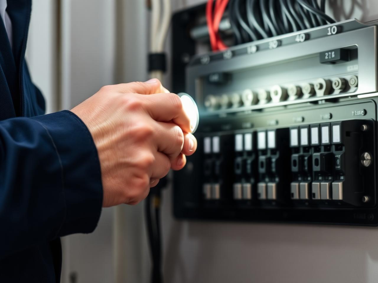 Inspector examining electrical panel with flashlight